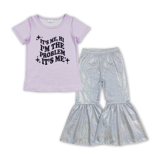 Lavender problem top white shinny pants singer girls set