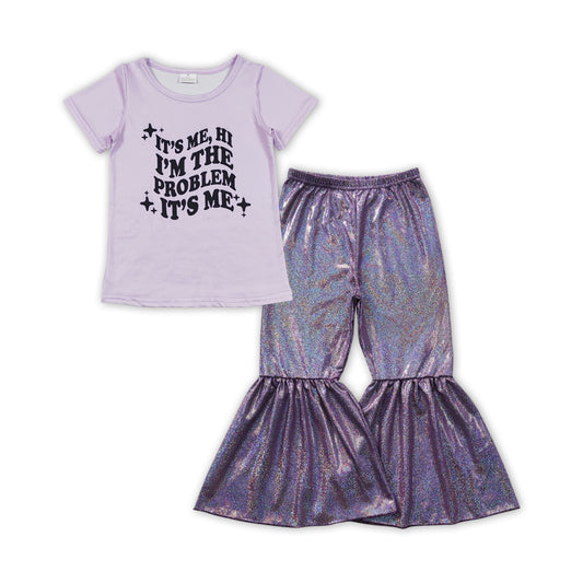 Short sleeves problem top purple shinny pants singer girls set