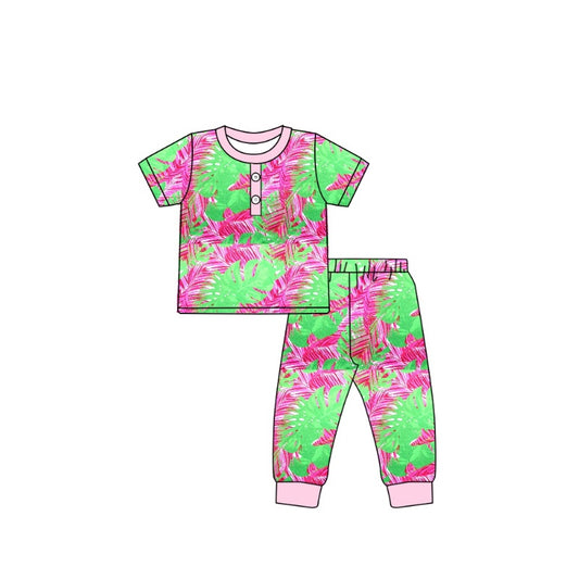 Short sleeves green hot pink watercolor girls pajamas