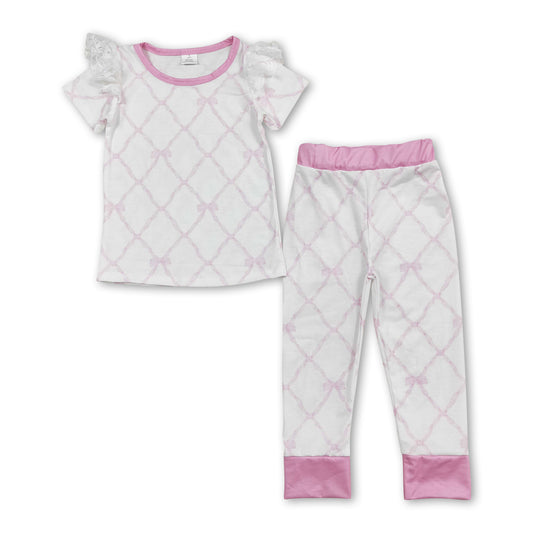 Short sleeves pink bow top pants girls pajamas