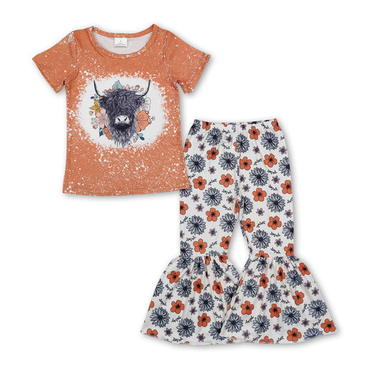 Short sleeves highland cow floral girls clothing set