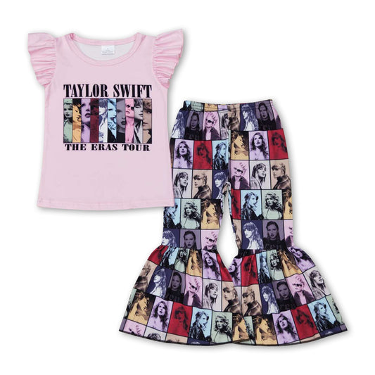 Pink top patchwork bell bottom pants singer girls set