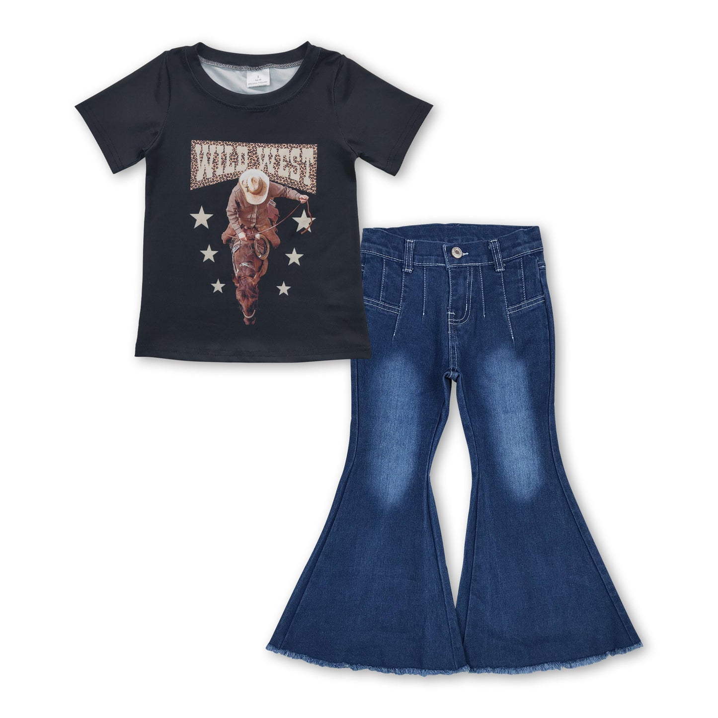 Wild west top blue jeans kids girls clothing set