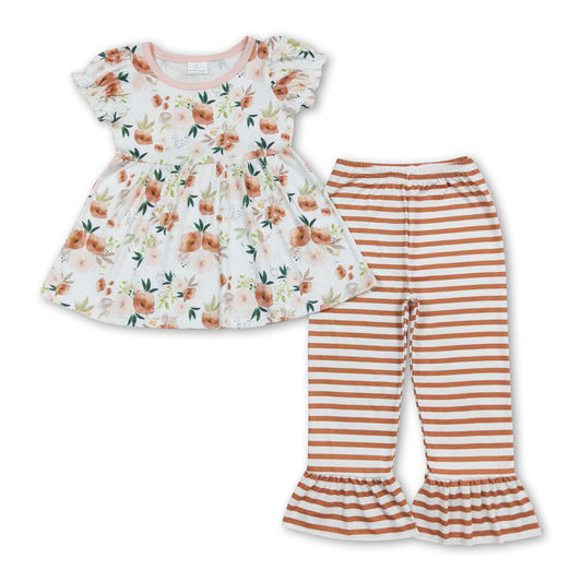 Short sleeves floral tunic stripe pants girls clothing set