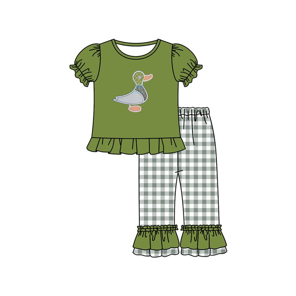 Short sleeves duck top plaid ruffle pants girls clothes