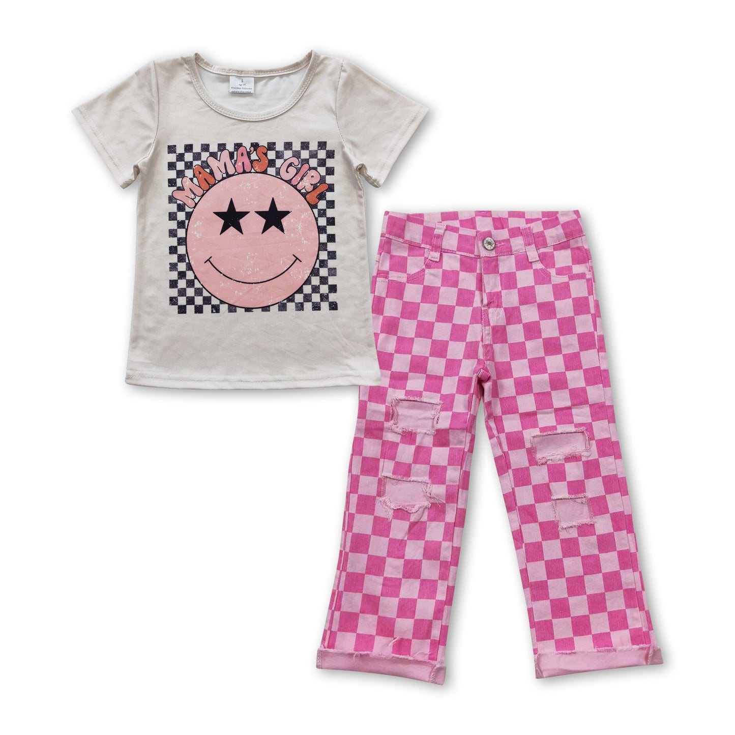 Mama's girl smile plaid pink jeans kids clothing set