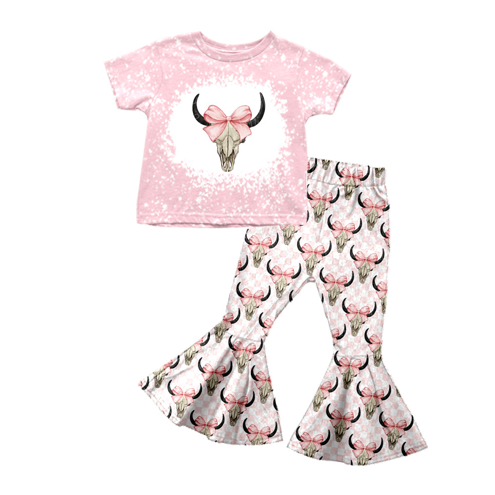 Pink bleached bow cow top pants girls clothes