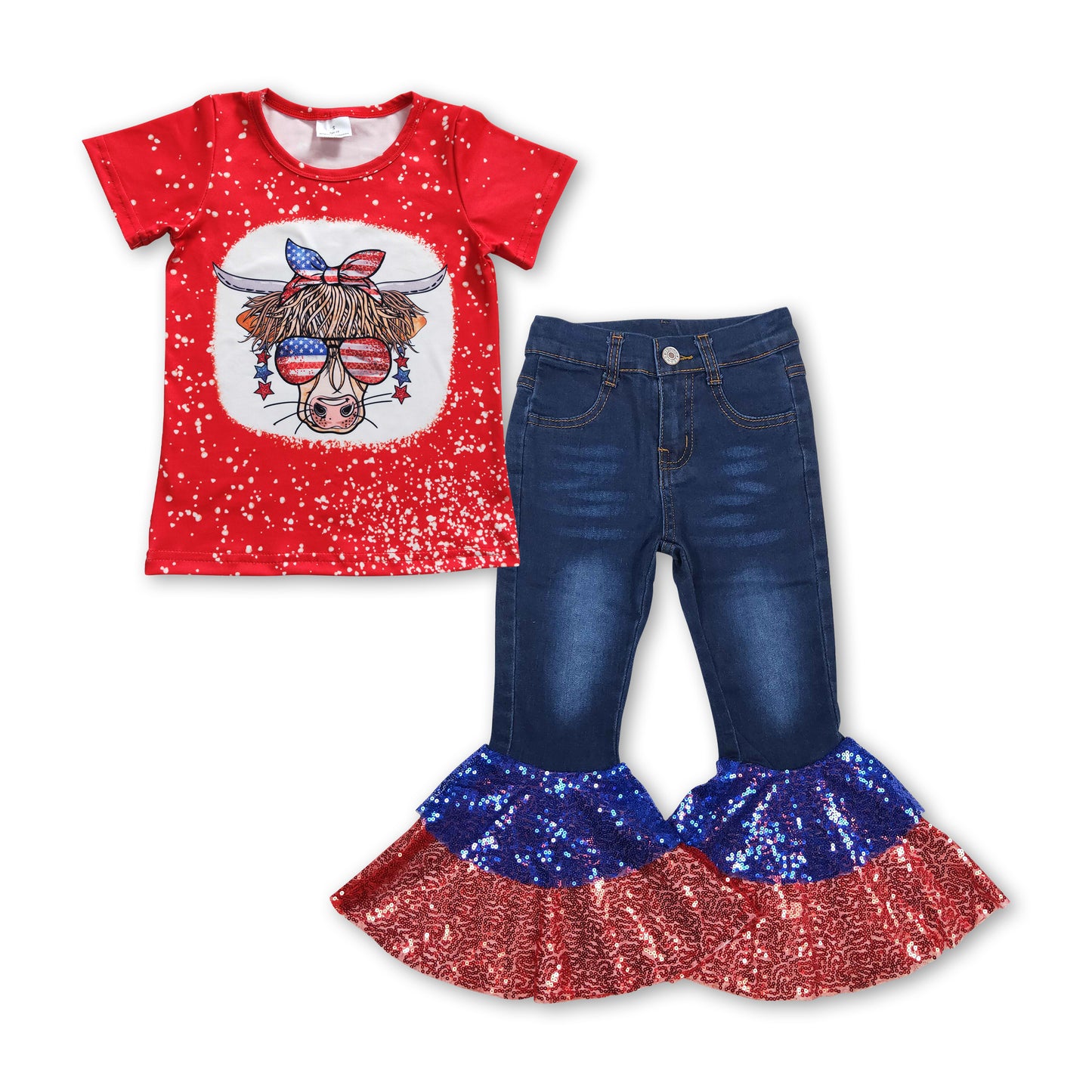 Highland cow top sequin jeans girls 4th of july clothes – Western kids ...