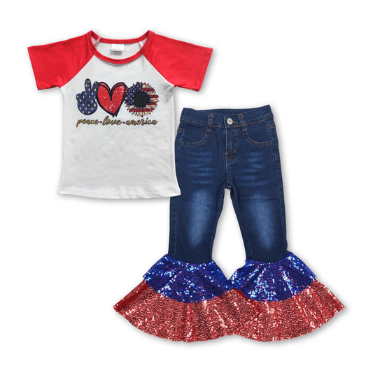 Peace love american top sequin jeans girls 4th of july set