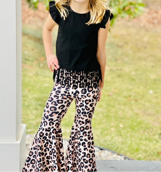 Black tassels top leopard pants kids girls clothes