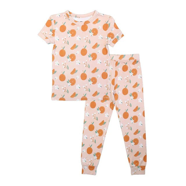 Short sleeves peach floral kids girls pajamas