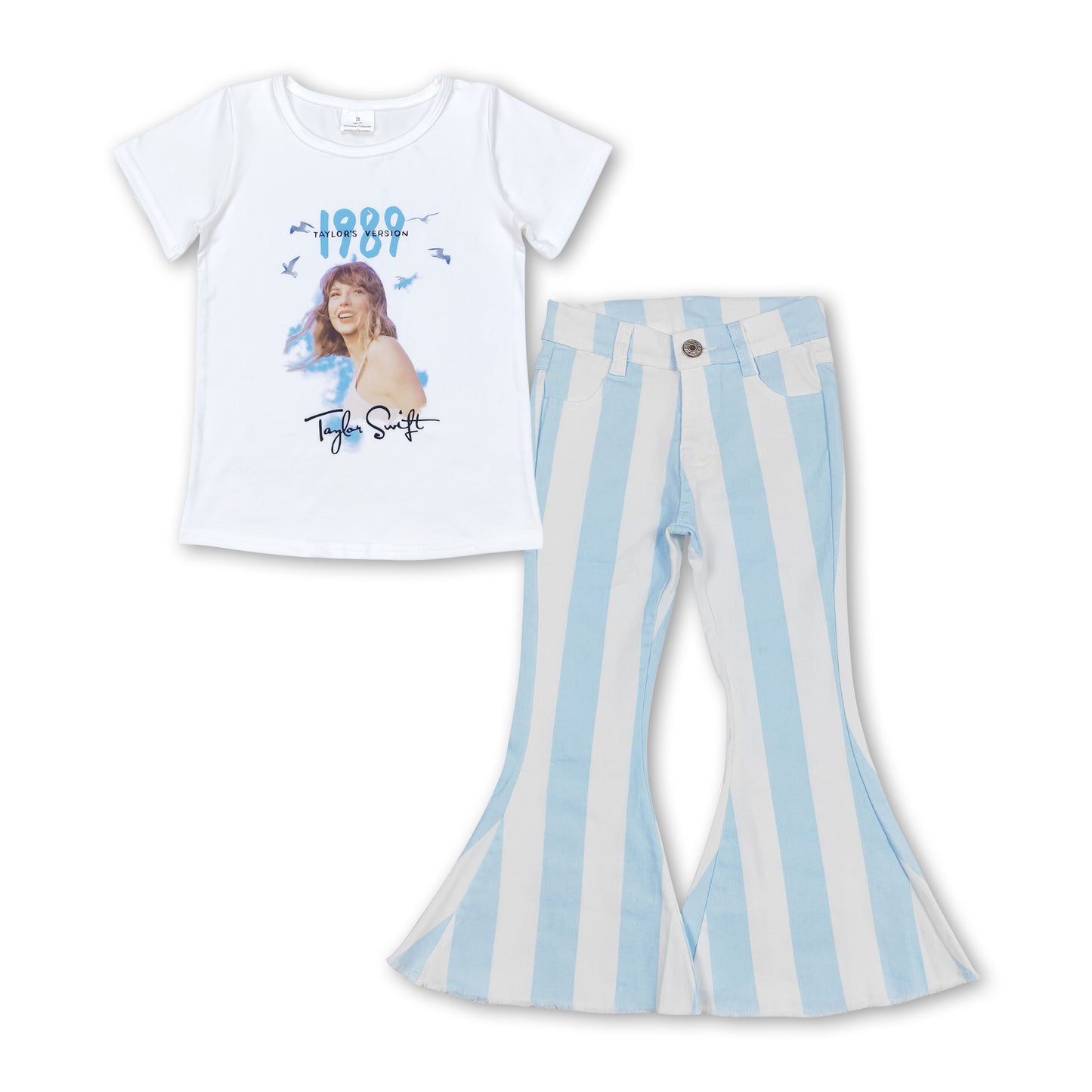 White top light blue stripe jeans singer girls clothes