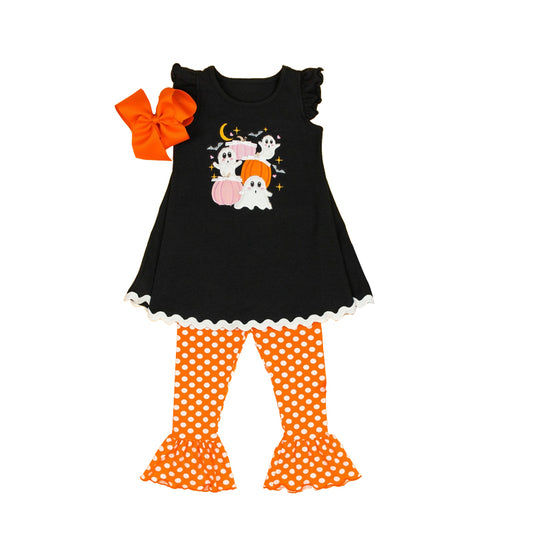 Black pumpkin ghost top polka dots pants girls Halloween set