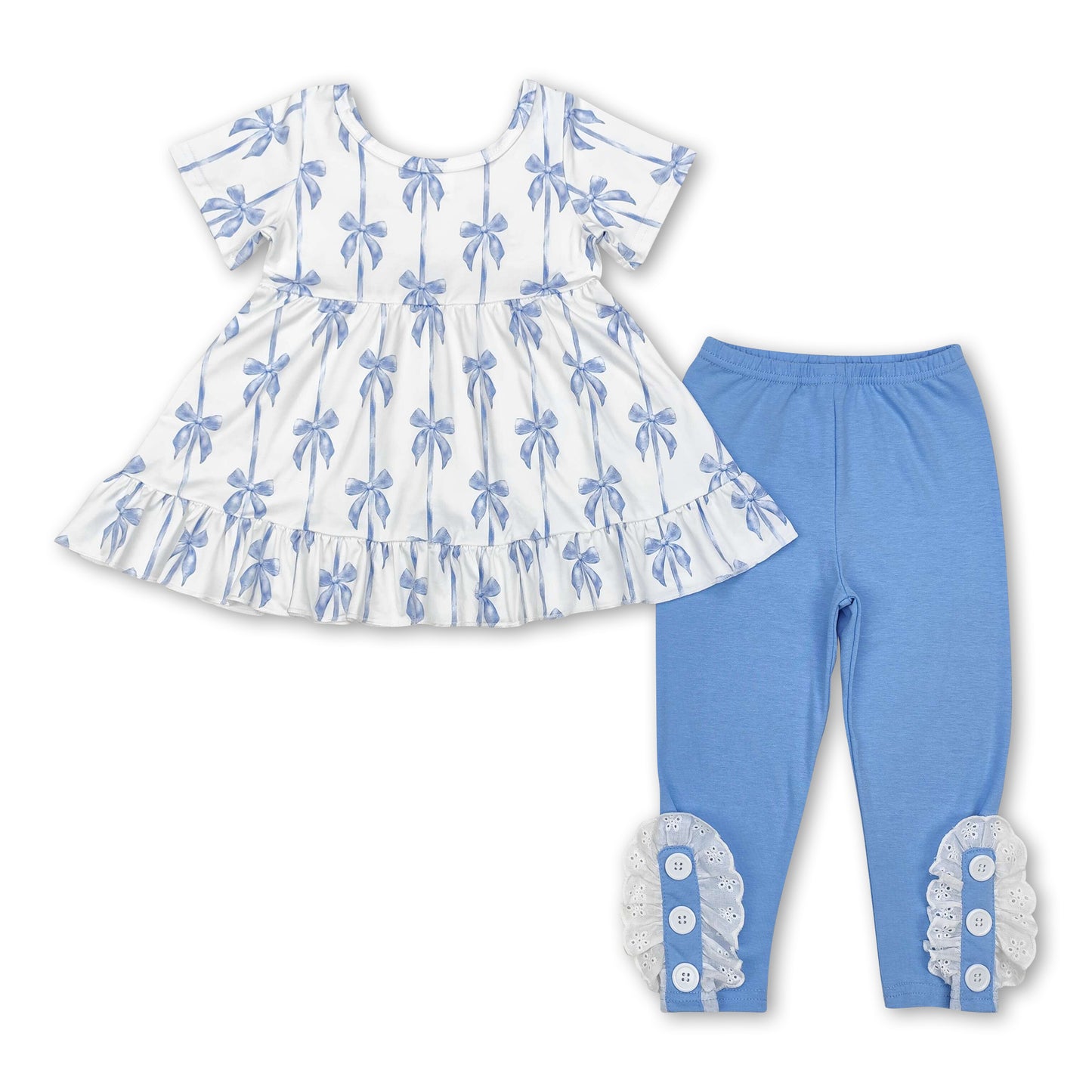 Blue bow tunic leggings girls clothing set