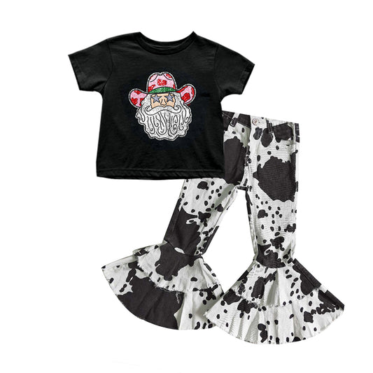 Black santa top cow print jeans girls Christmas set