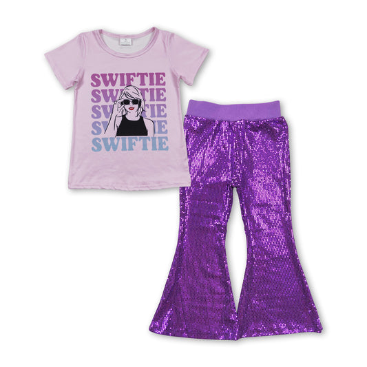 Short sleeves purple sequin pants singer girls clothes