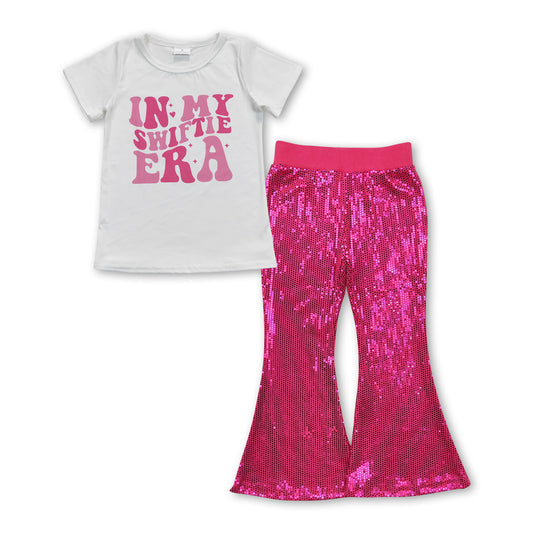 Short sleeves hot pink sequin pants singer girls clothes