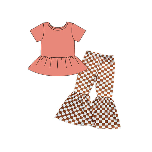 Short sleeves peplum plaid bell bottom pants girls clothes