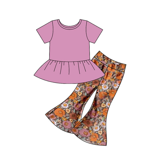 Short sleeves peplum floral bell bottom pants girls clothing