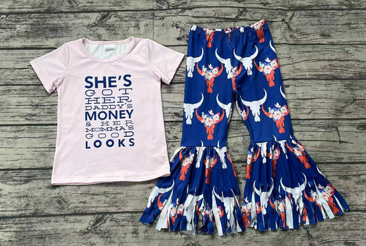 Short sleeves pink top bull skull tassels pants girls clothes