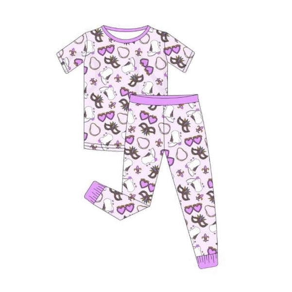 Purple short sleeves glasses kids girls mardi gras pajamas