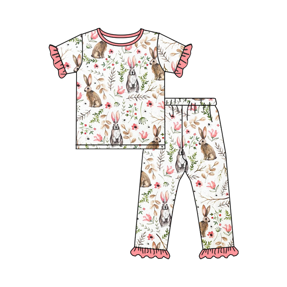 Short sleeves floral bunny baby girls easter pajamas