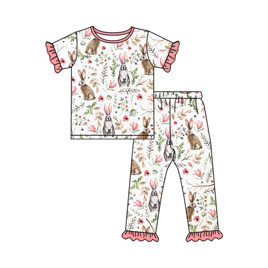 Short sleeves floral bunny baby girls easter pajamas