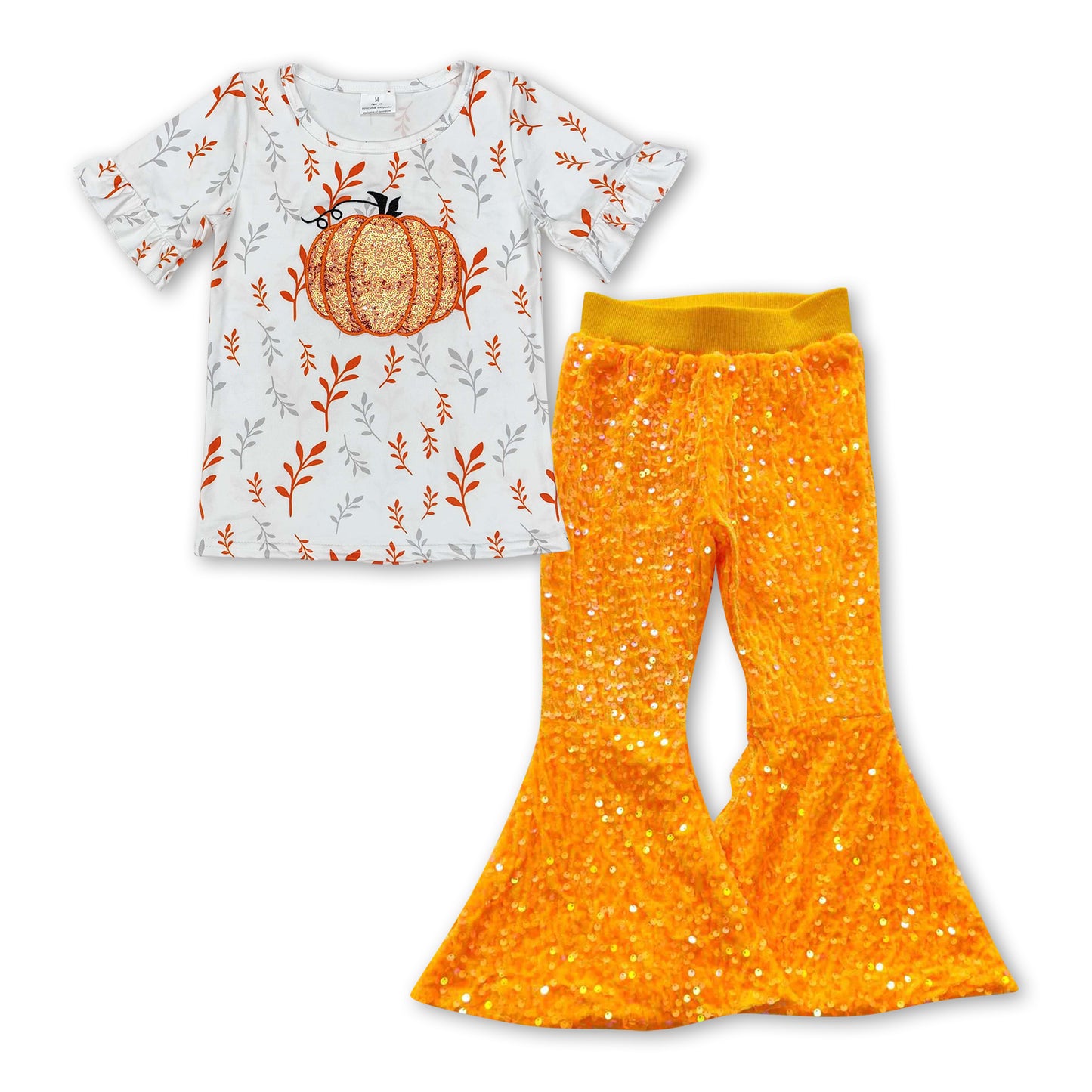 Sequin pumpkin embroidery bell bottom pants girls fall clothes