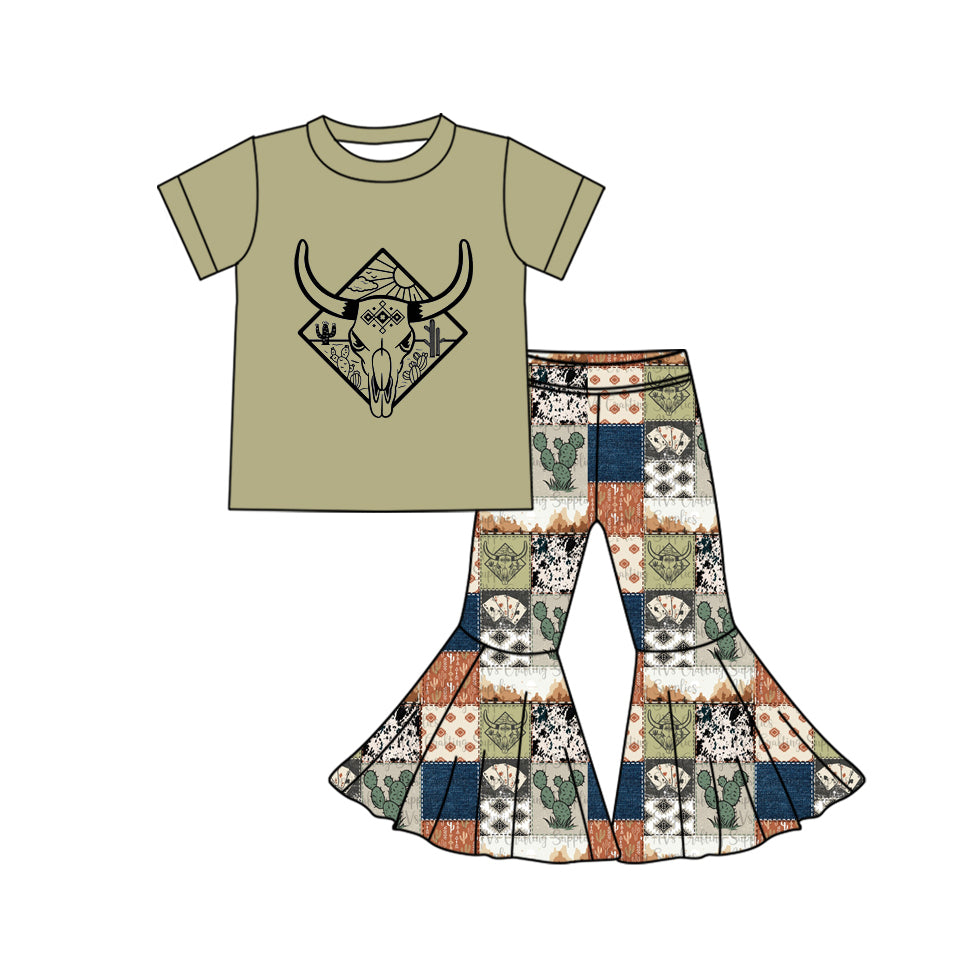 Short sleeves bull skull top cactus pants girls clothing