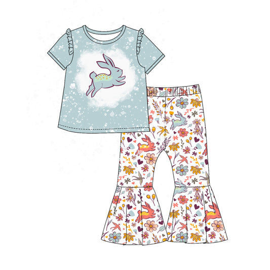 Bunny bleached top floral bell bottom pants girls Easter set