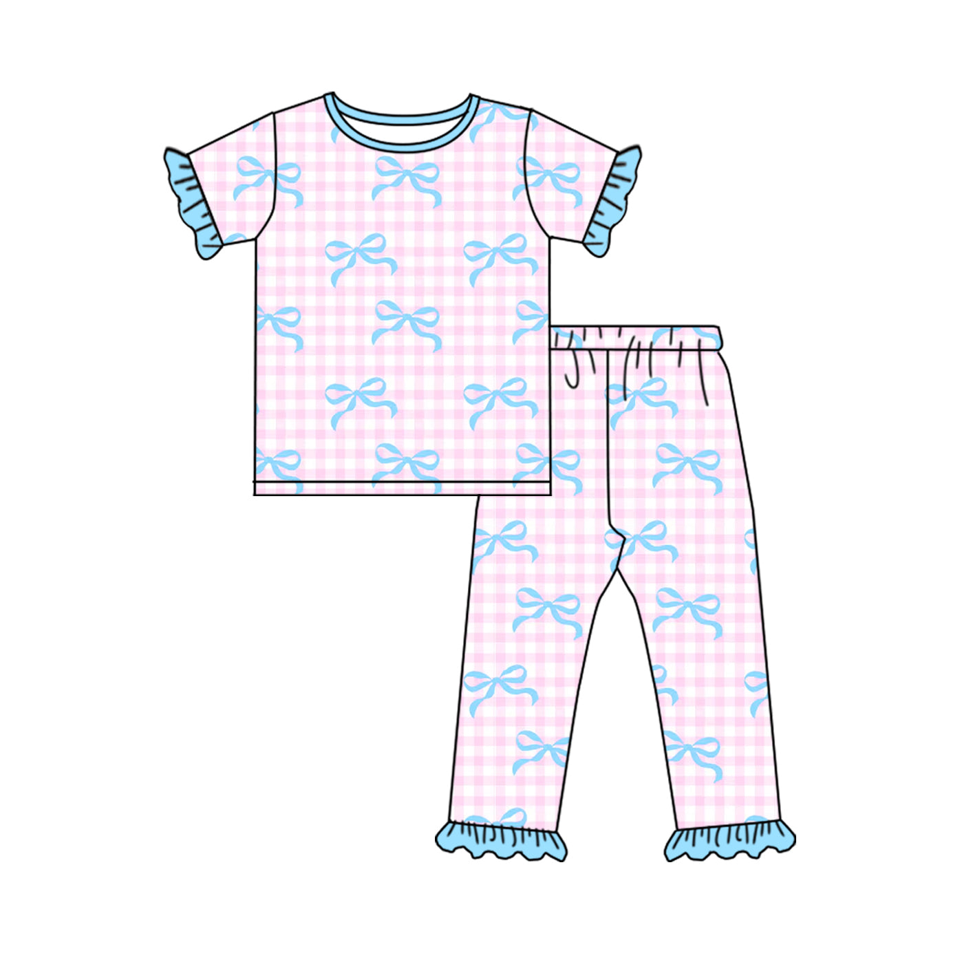 Short sleeves pink plaid bow baby girls pajamas