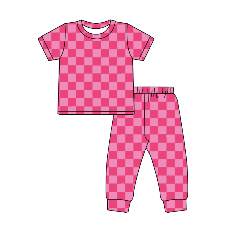 Hot pink plaid short sleeves kids girls pajamas