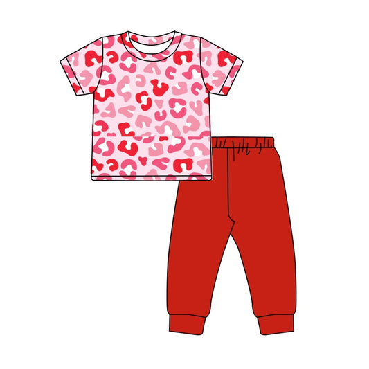 Pink leopard top red pants girls Valentine's day pajamas