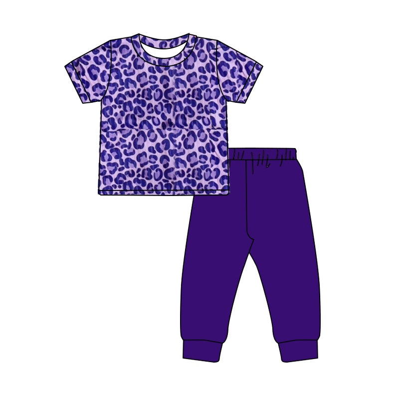 Purple short sleeves leopard top pants girls clothes