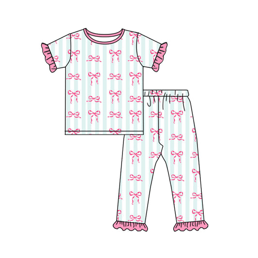 Pink bow ruffle short sleeves kids girls pajamas