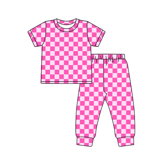 Short sleeves pink plaid kids girls pajamas