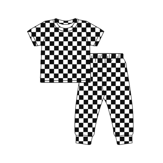 Short sleeves black plaid baby kids pajamas