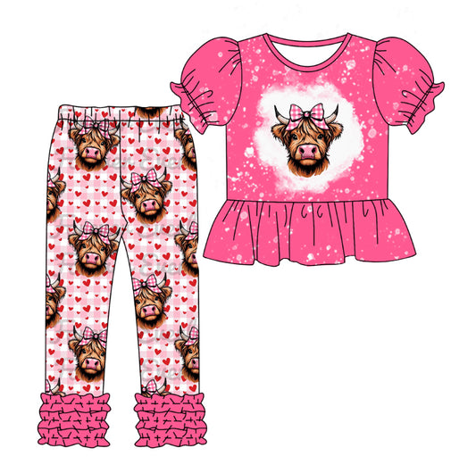 Highland cow ruffle top plaid heart girls Valentine's clothes