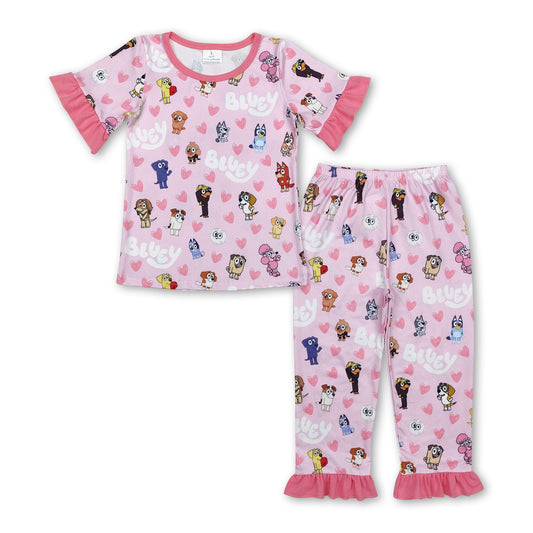 Pink short sleeves heart dog girls valentine's day pajamas