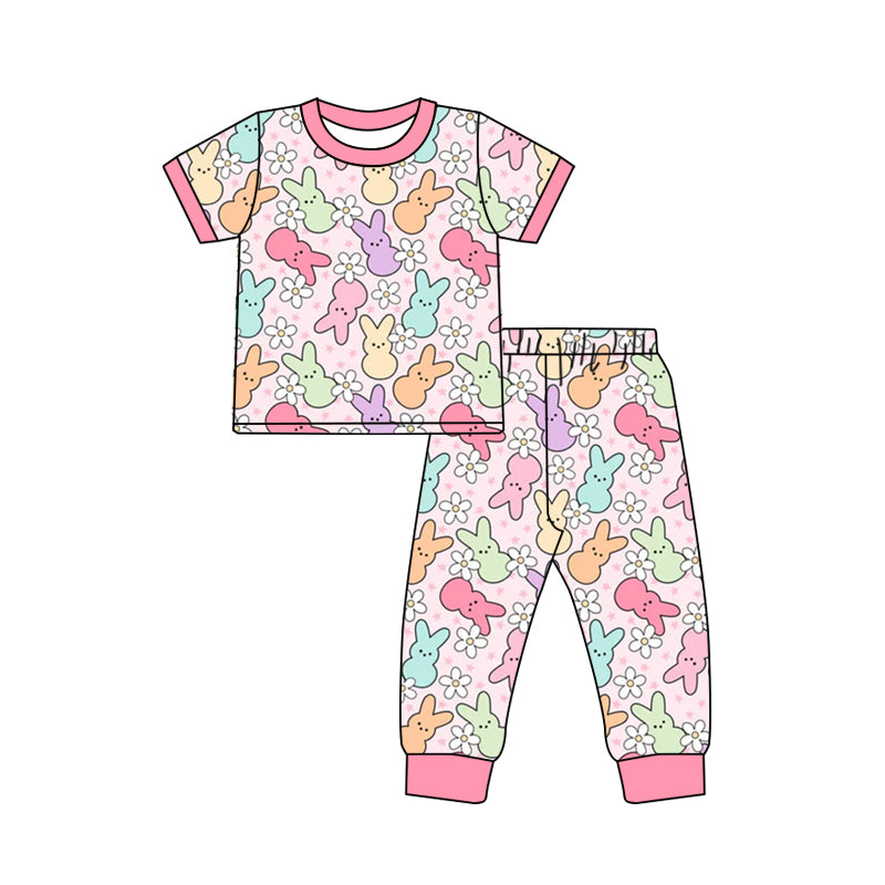 Pink short sleeves floral bunny girls Easter pajamas