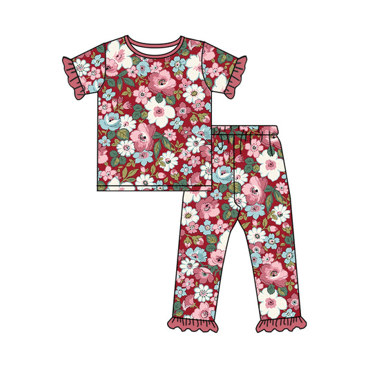 Short sleeves floral top pants girls pajamas