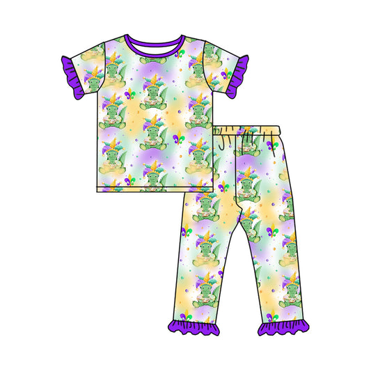 Purple short sleeves alligator kids girls Mardi Gras pajamas