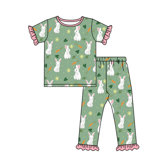 Short sleeves bunny carrot ruffle girls Easter pajamas