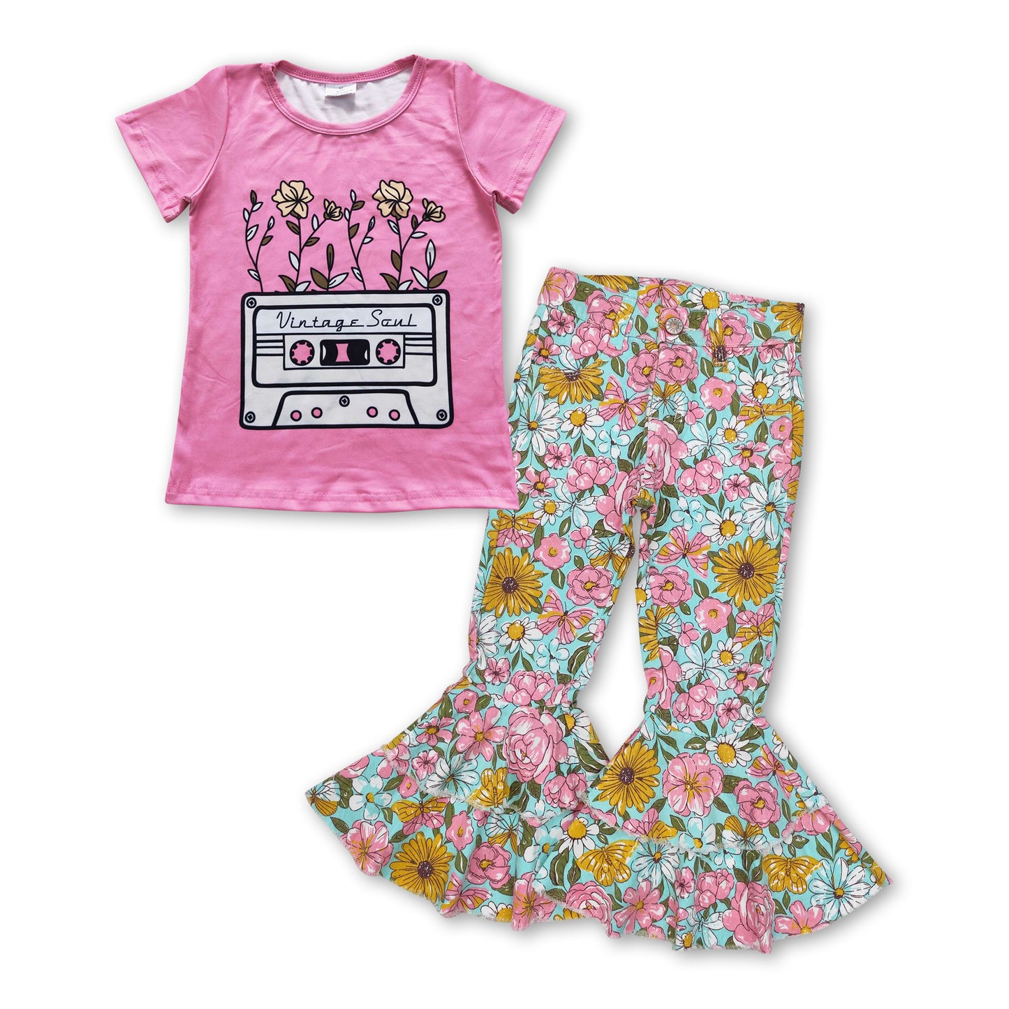 Vintage soul top floral ruffle jeans girls clothing set