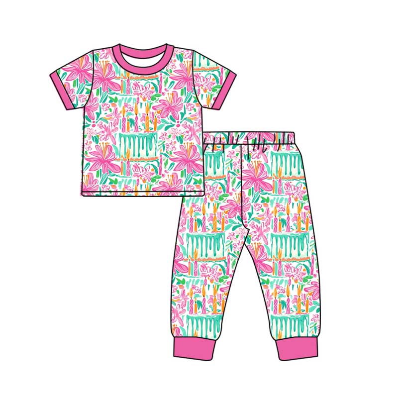 Short sleeves floral cake girls Happy birthday pajamas