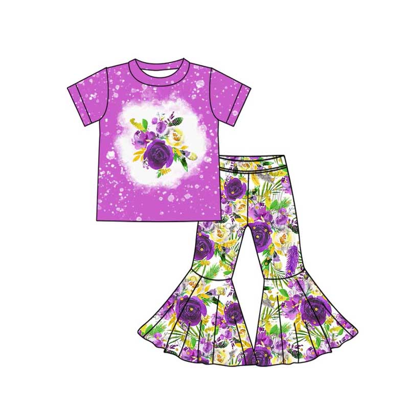 Purple yellow green floral top pants girls Mardi Gras outfits