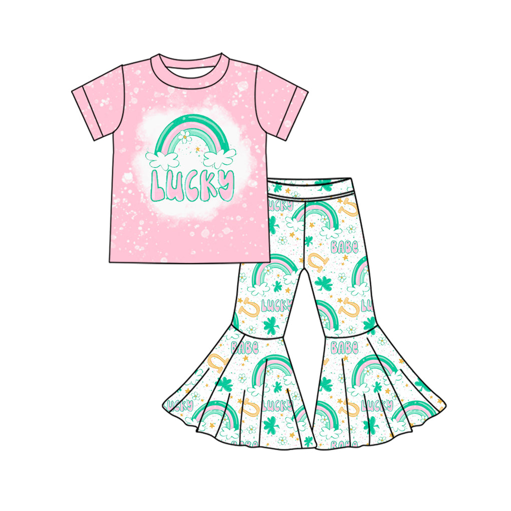 Pink bleached lucky rainbow baby girls St Patrick's outfits