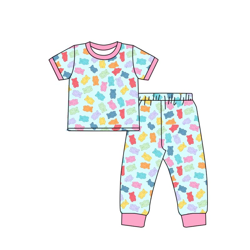 Short sleeves colorful bear top pants girls pajamas