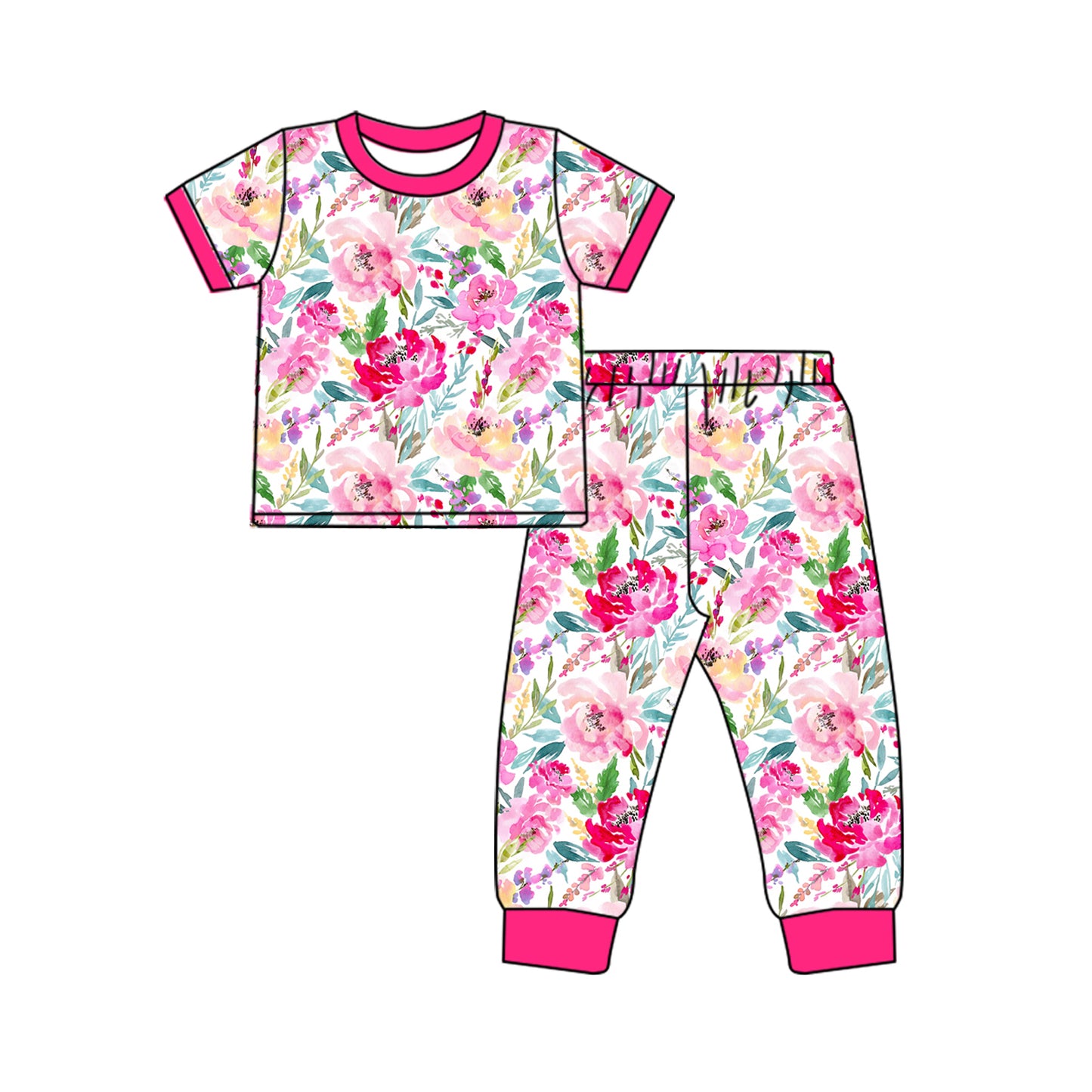 Hot pink floral short sleeves girls spring pajamas