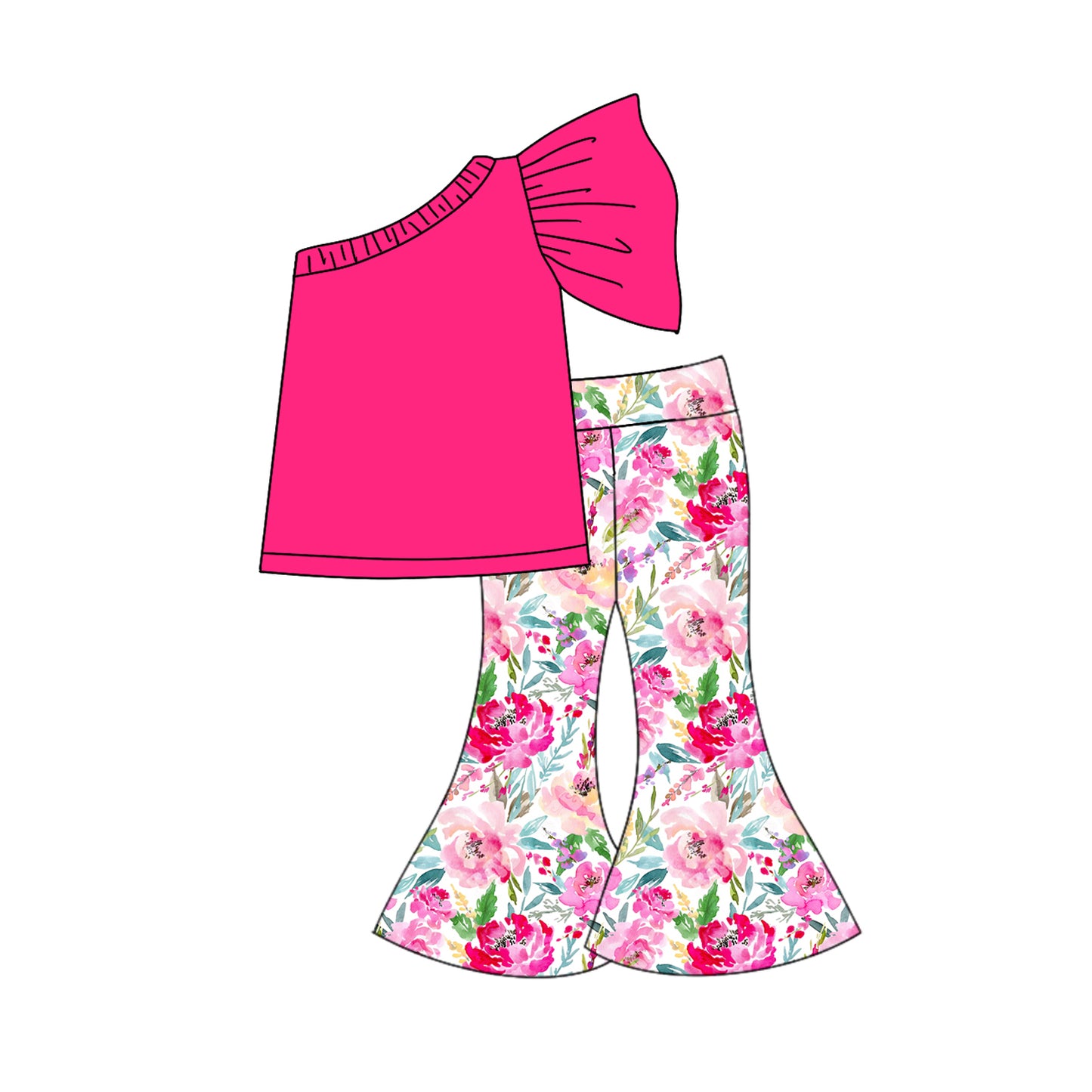 Hot pink one shoulder top floral bell bottom pants girls clothing